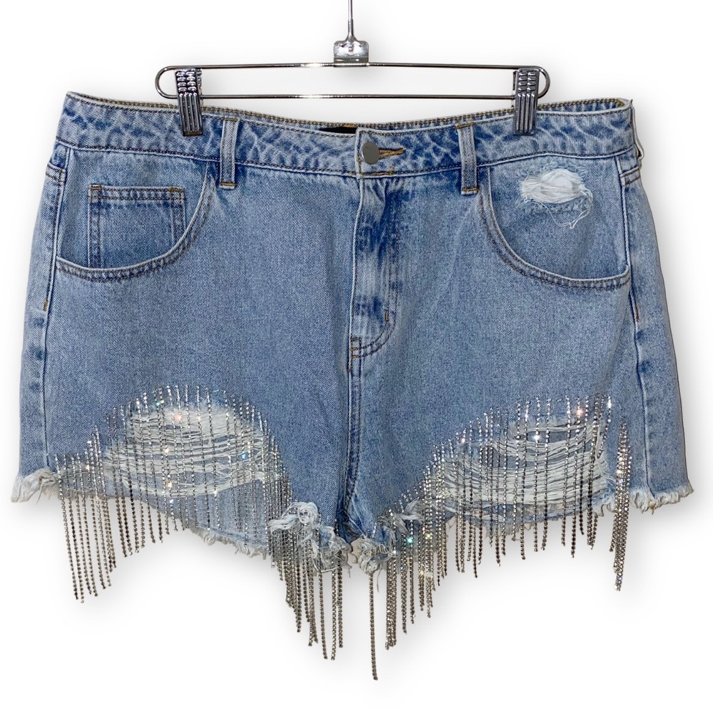 Fashion Nova Size XL Denim Came Through Dripping Rhinestone Denim Shorts - Picture 4 of 7